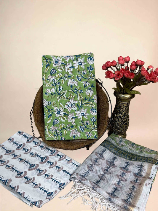 Olive Kota Handblock Printed Cotton Suit Set