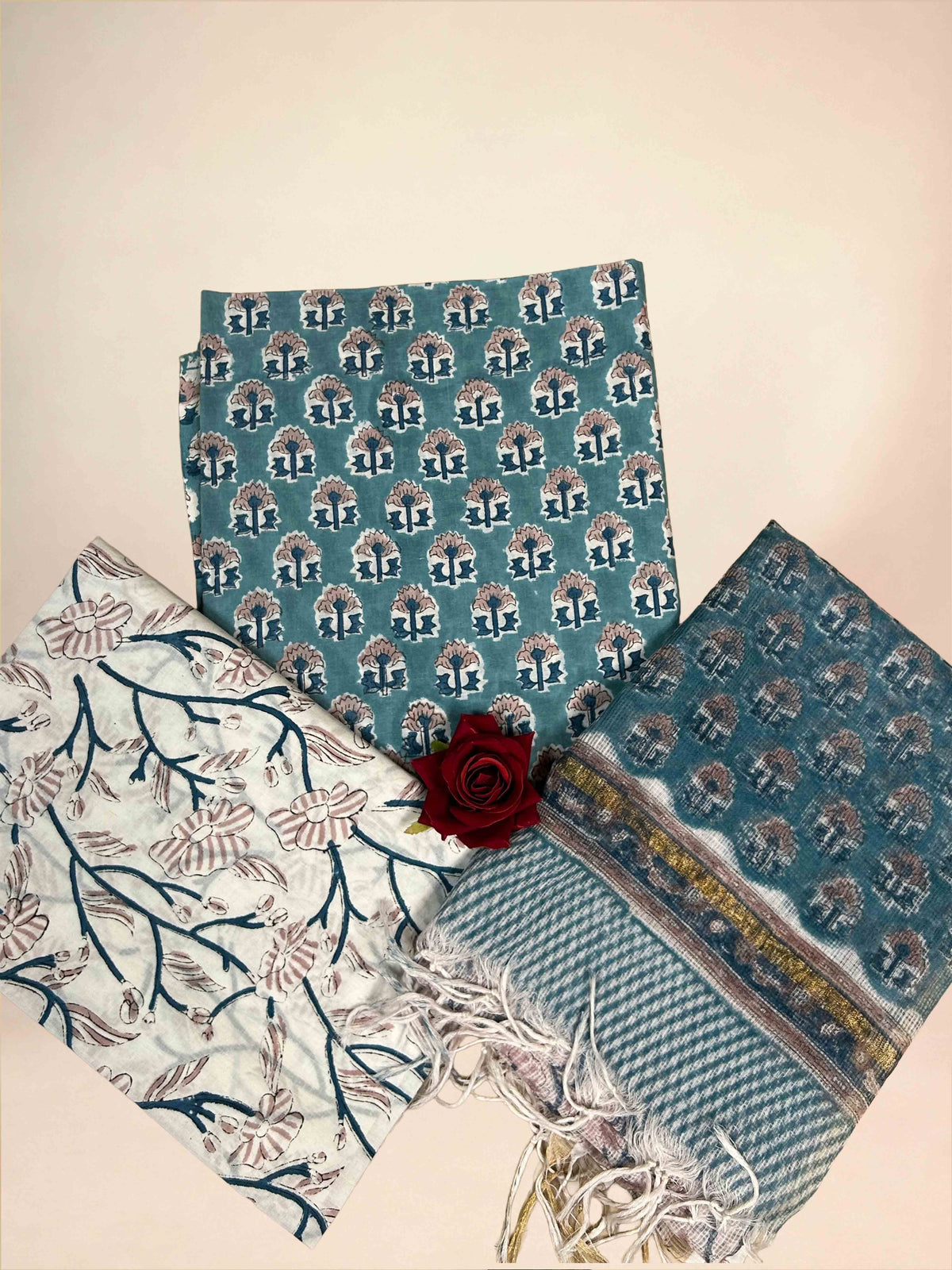Sky Blue Kota Handblock Printed Cotton Suit Set