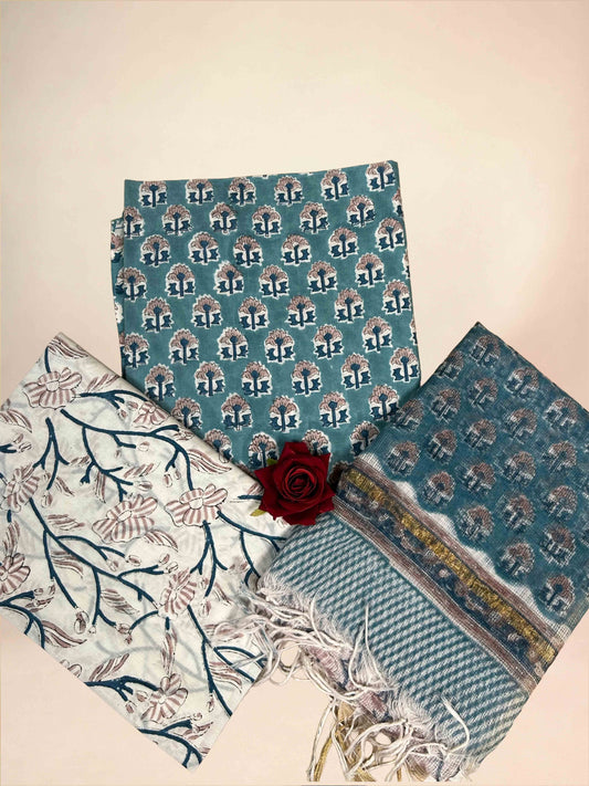 Sky Blue Kota Handblock Printed Cotton Suit Set