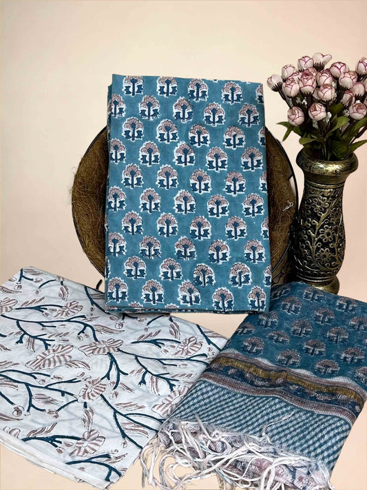Sky Blue Kota Handblock Printed Cotton Suit Set
