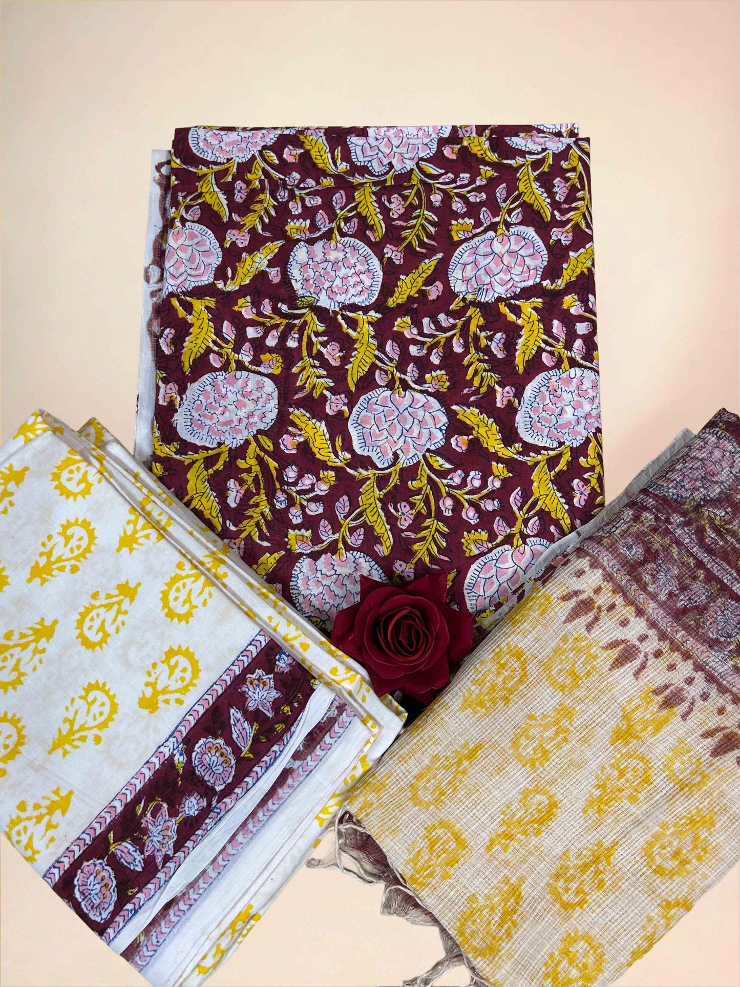 Maroon Kota Handblock Printed Cotton Suit Set