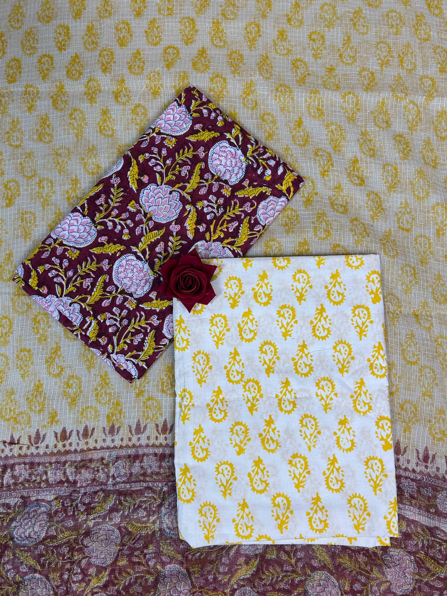 Maroon Kota Handblock Printed Cotton Suit Set