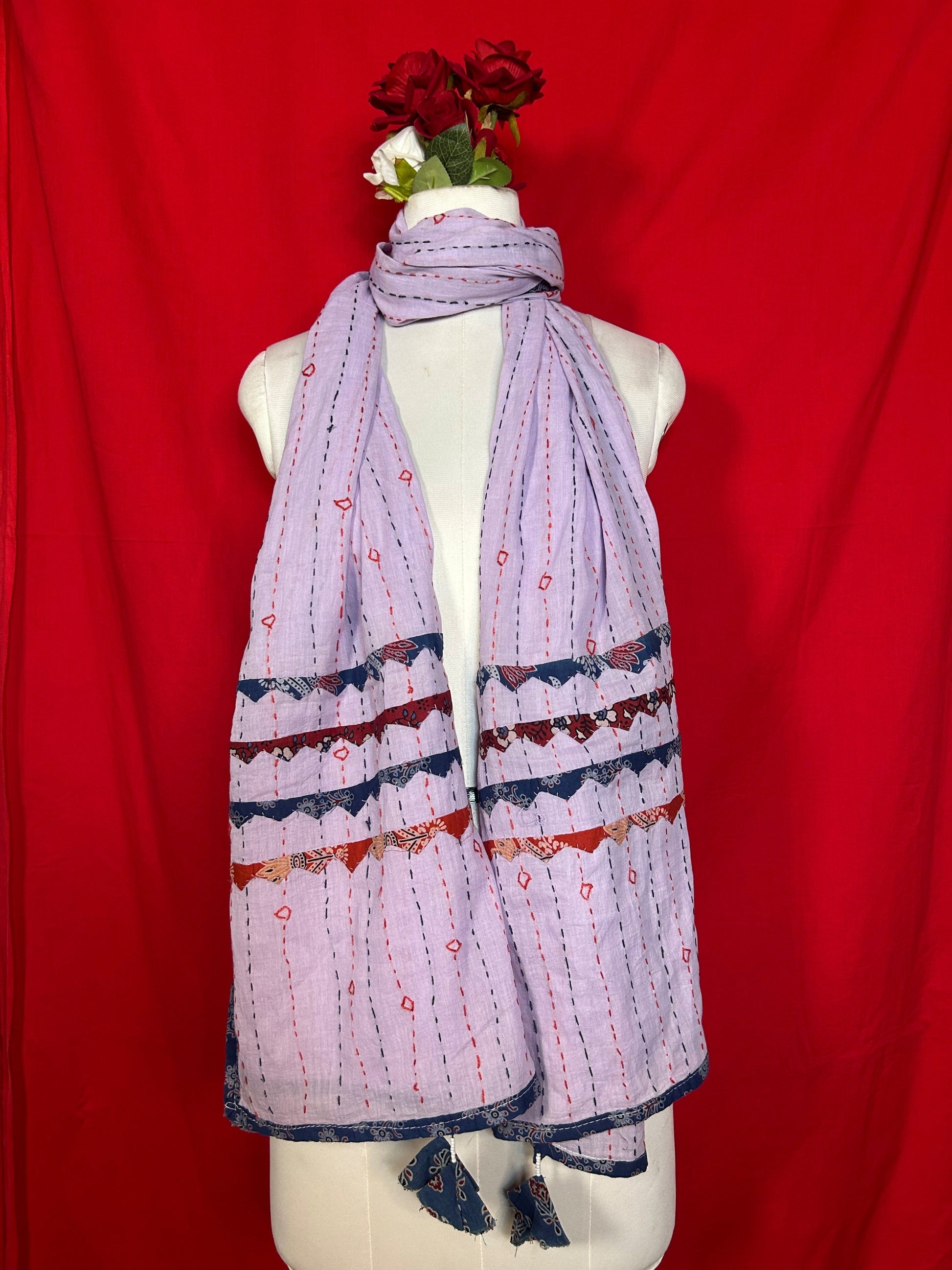 Lavender Kantha Patchwork Cotton Dupatta with Traditional Handcrafted Stitch Work