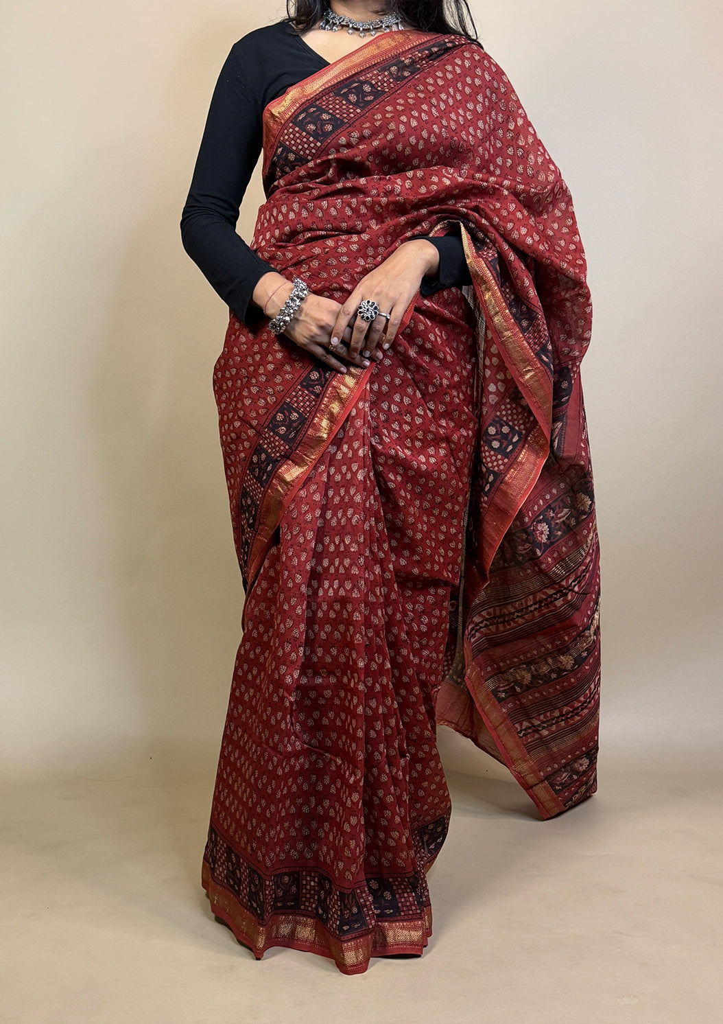 Maheshwari Silk Handblock Printed Saree Red
