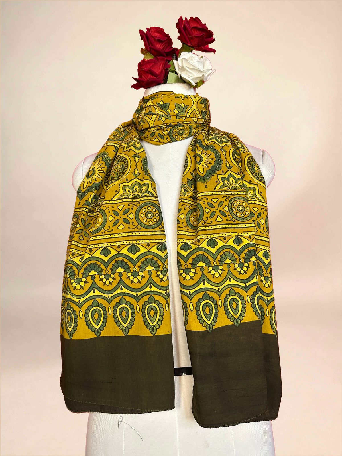 Mustard Ajrakh Handblock Printed Cotton Stoles