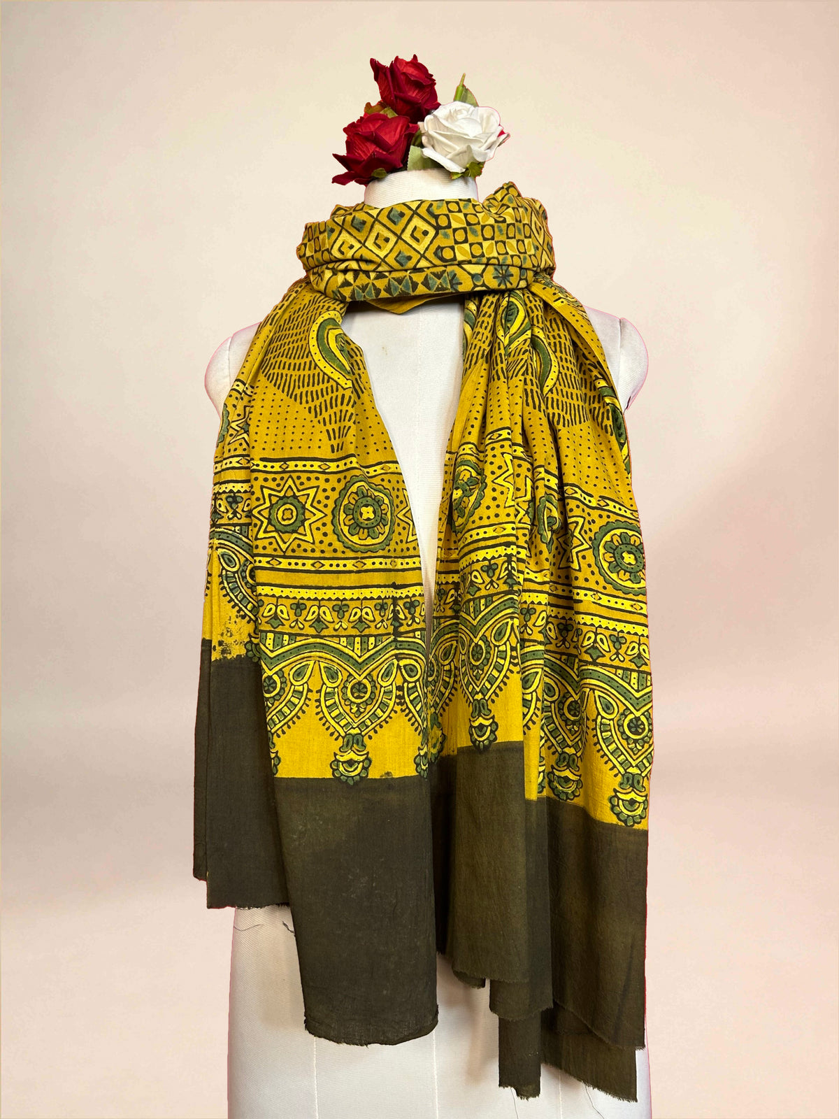 Mustard Yellow Ajarkh Cotton Handblock Printed Dupatta