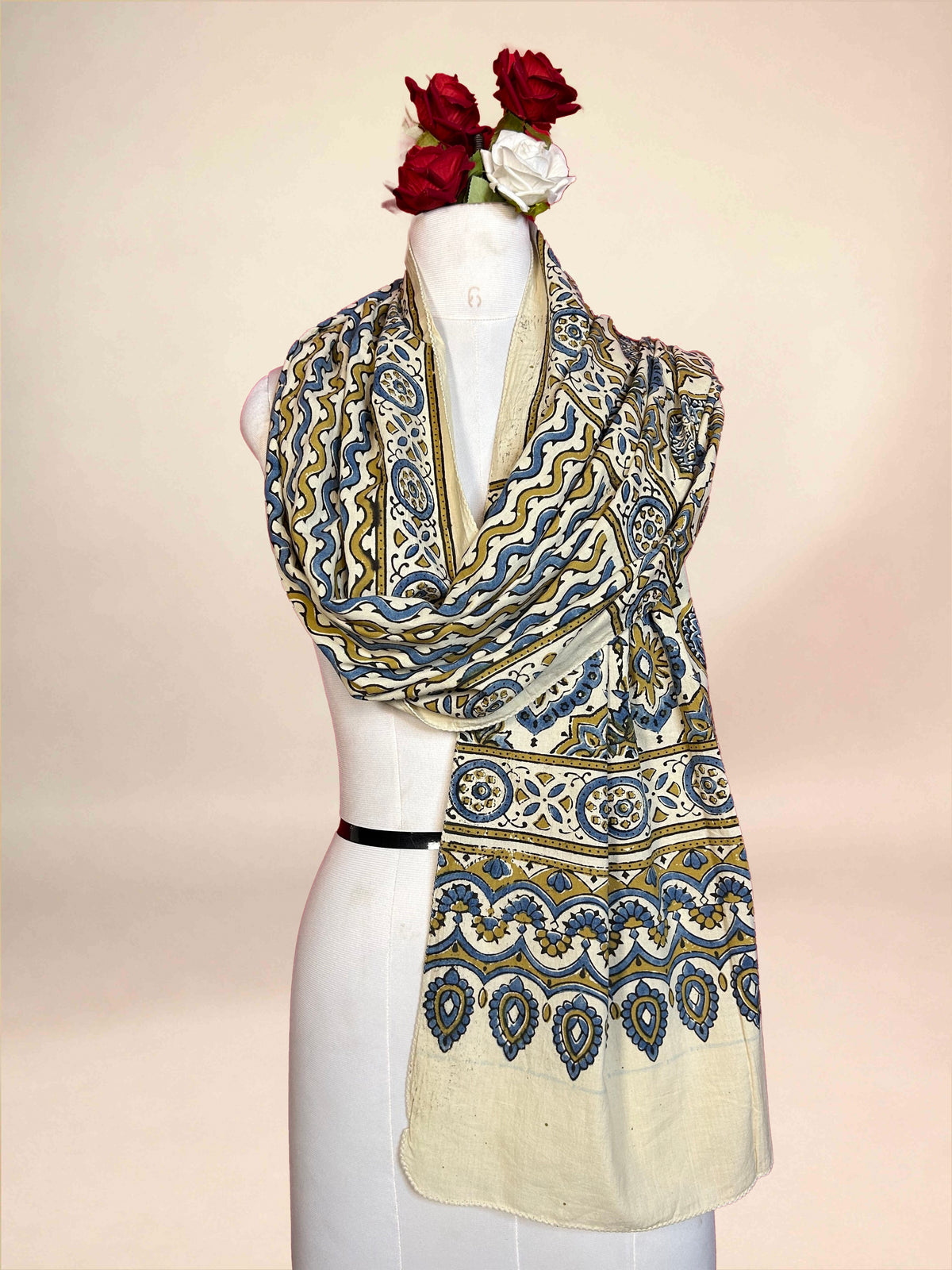 Off White Ajrakh Handblock Printed Cotton Stoles