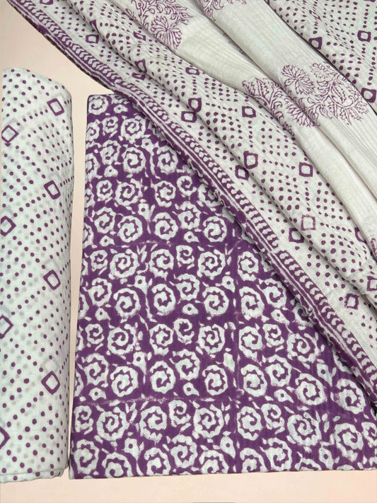 Purple Pashmina Handblock Printed Cotton Suit Set
