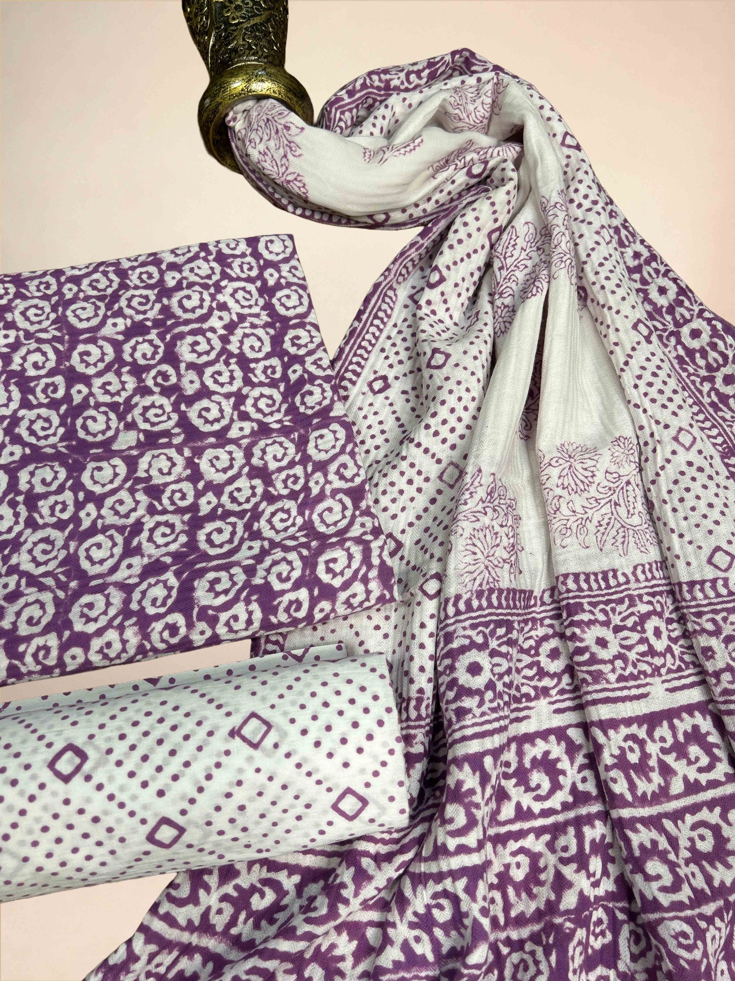 Purple Pashmina Handblock Printed Cotton Suit Set