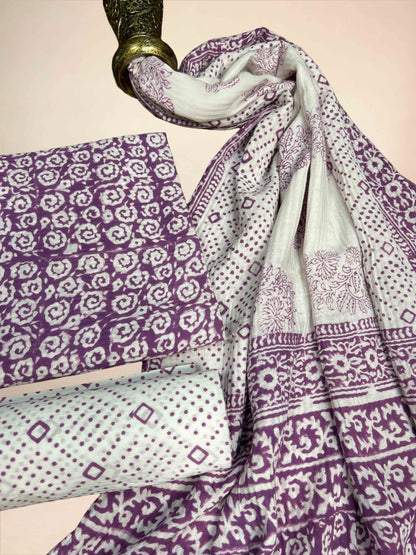 Purple Pashmina Handblock Printed Cotton Suit Set