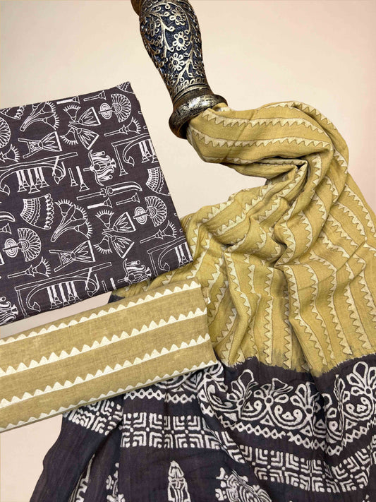 Multicolor Pasmina Handblock Printed Cotton Suit Set | Black