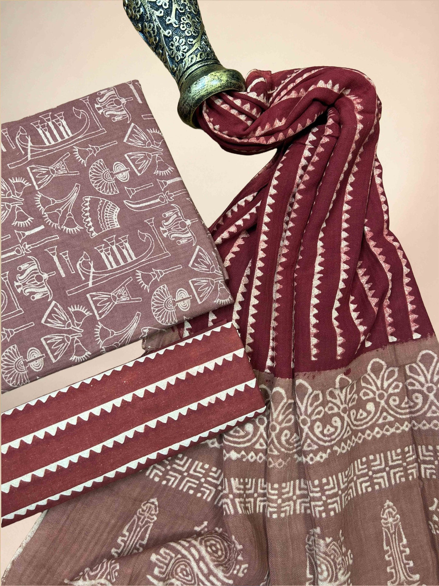 Multicolor Pasmina Handblock Printed Cotton Suit Set | Dusty Rose