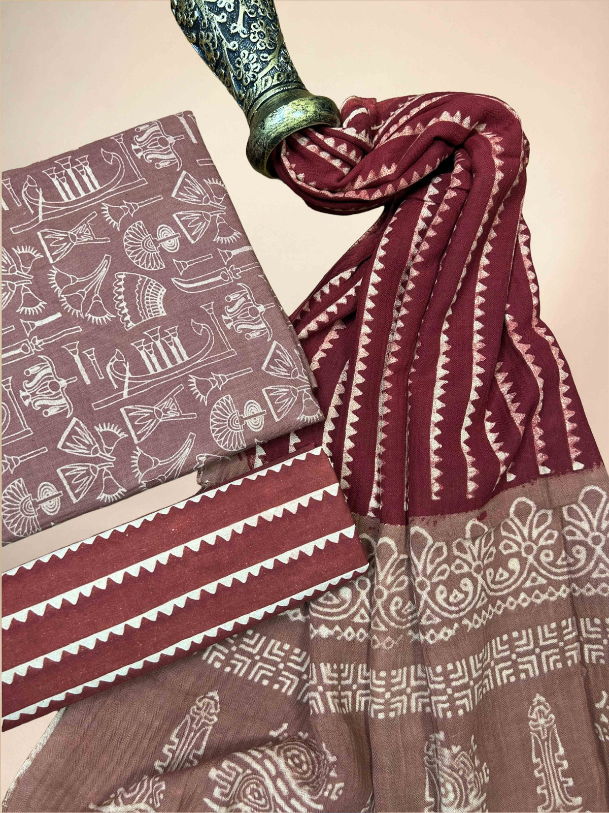 Multicolor Pasmina Handblock Printed Cotton Suit Set | Dusty Rose