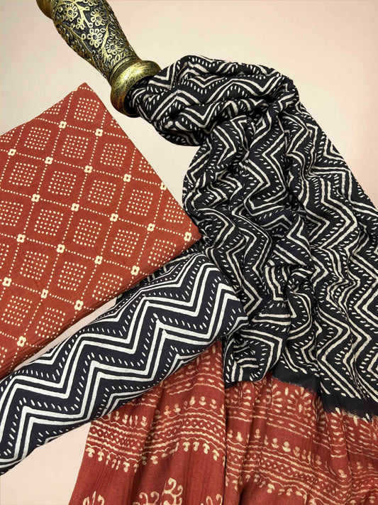 Multicolor Pasmina Handblock Printed Cotton Suit Set | Teracotta