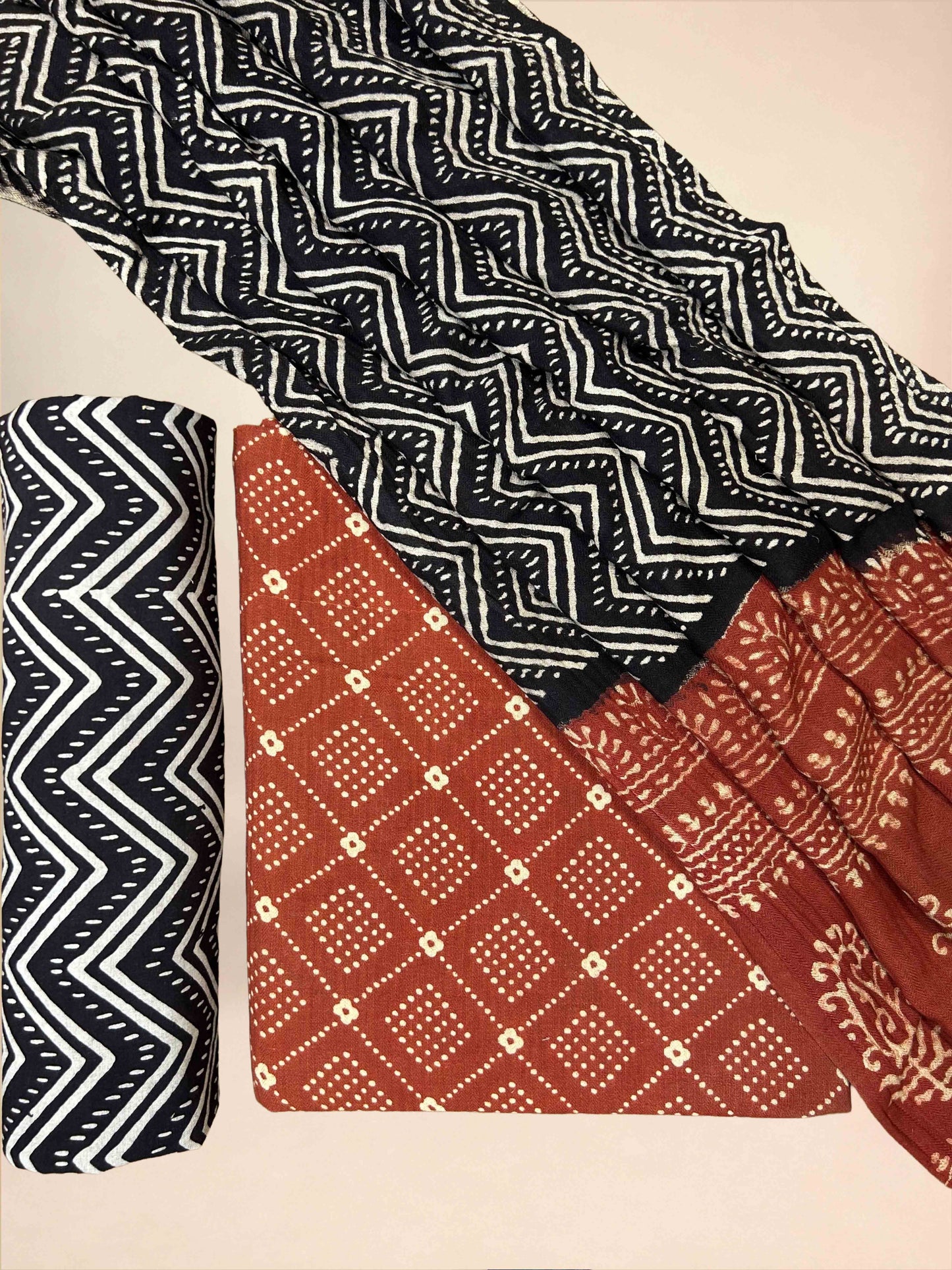 Multicolor Pasmina Handblock Printed Cotton Suit Set | Teracotta