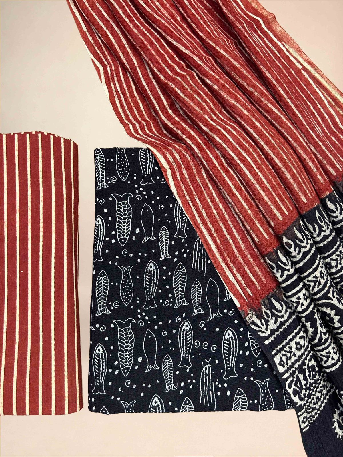 Multicolor Pasmina Handblock Printed Cotton Suit Set | Black