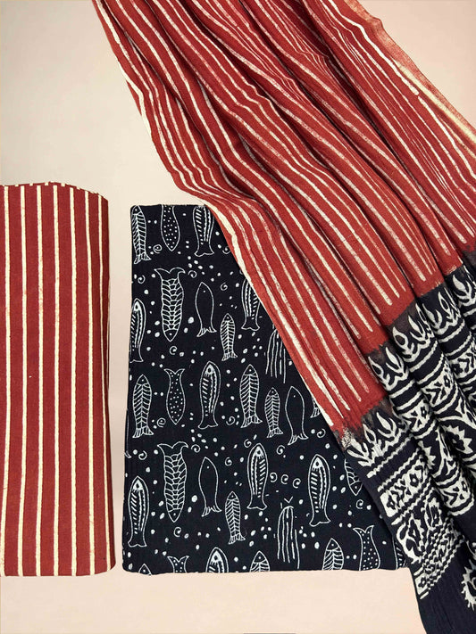 Multicolor Pasmina Handblock Printed Cotton Suit Set | Black