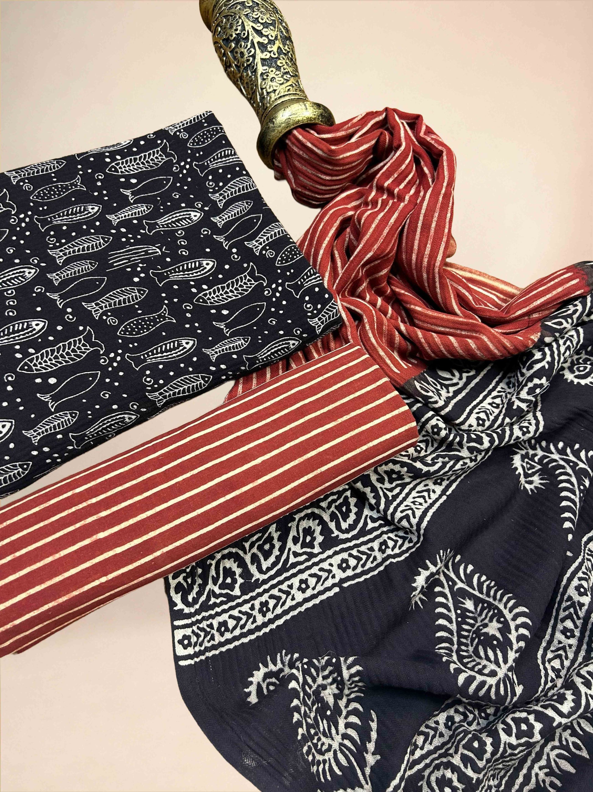 Multicolor Pasmina Handblock Printed Cotton Suit Set | Black