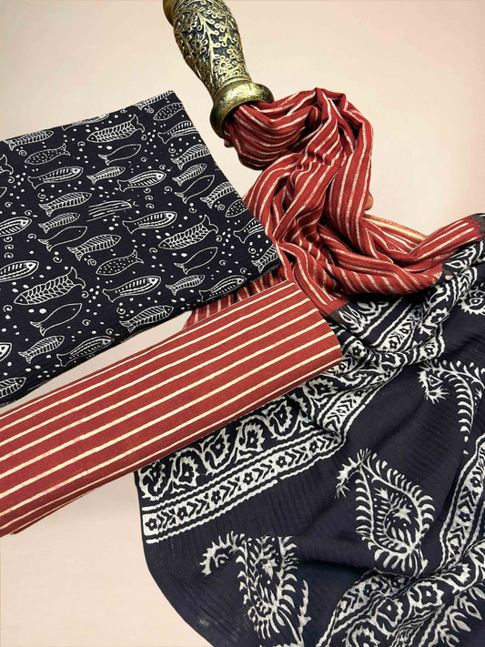 Multicolor Pasmina Handblock Printed Cotton Suit Set | Black