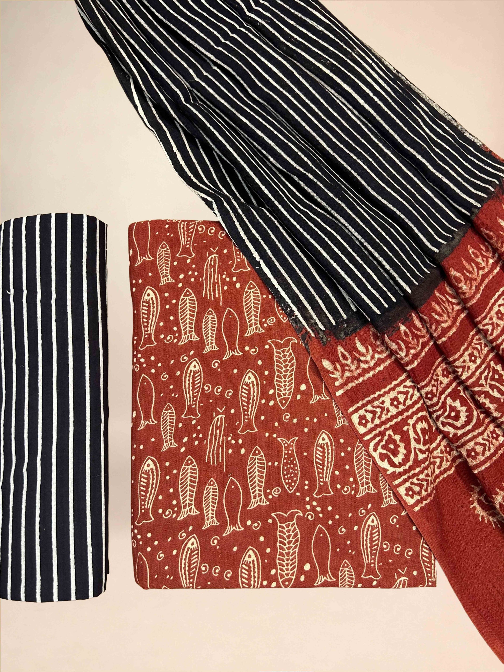 Multicolor Pasmina Handblock Printed Cotton Suit Set | Teracotta 