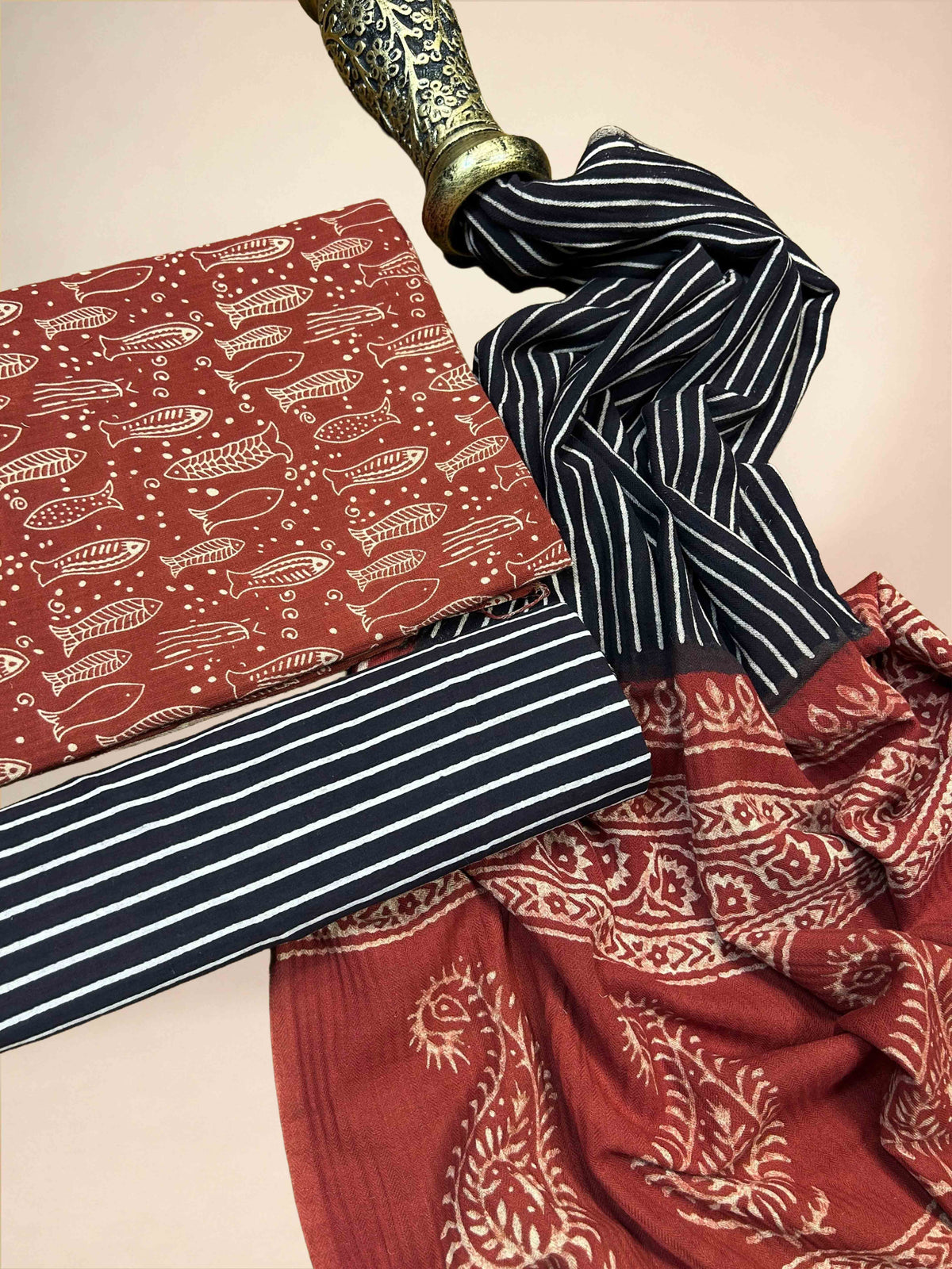 Multicolor Pasmina Handblock Printed Cotton Suit Set | Teracotta 