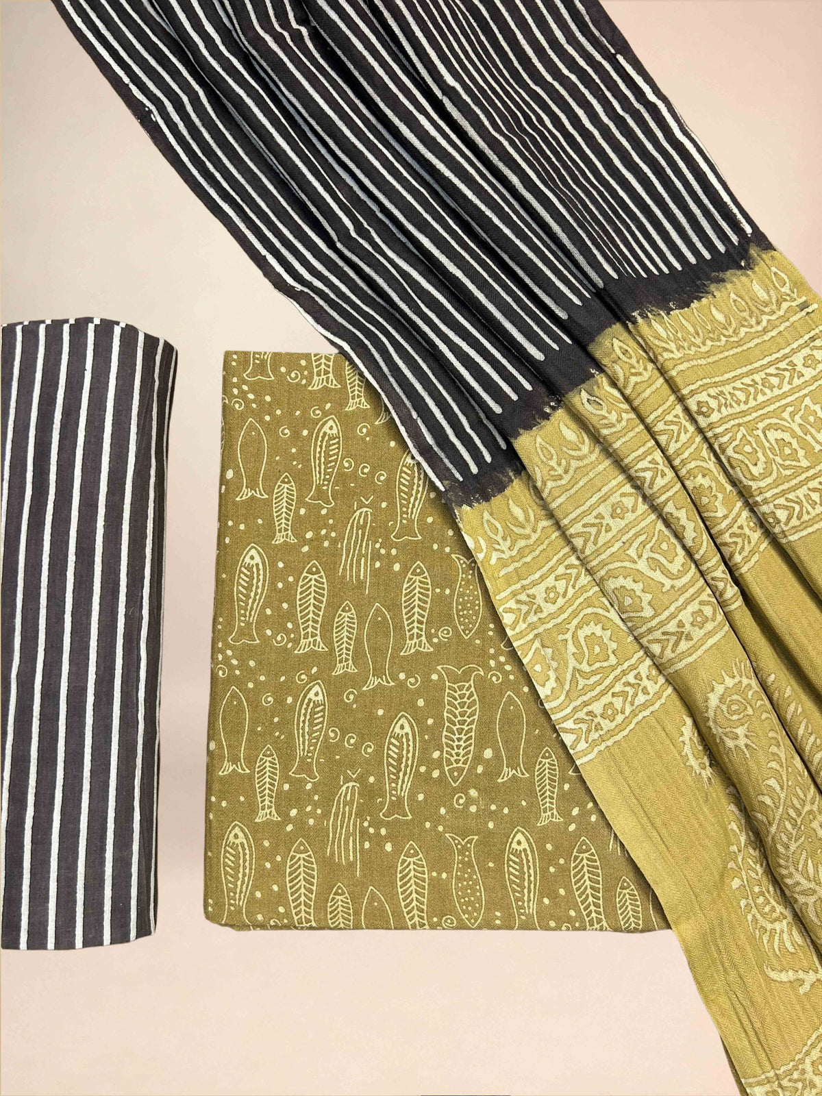 Multicolor Pasmina Handblock Printed Cotton Suit Set | Mustard