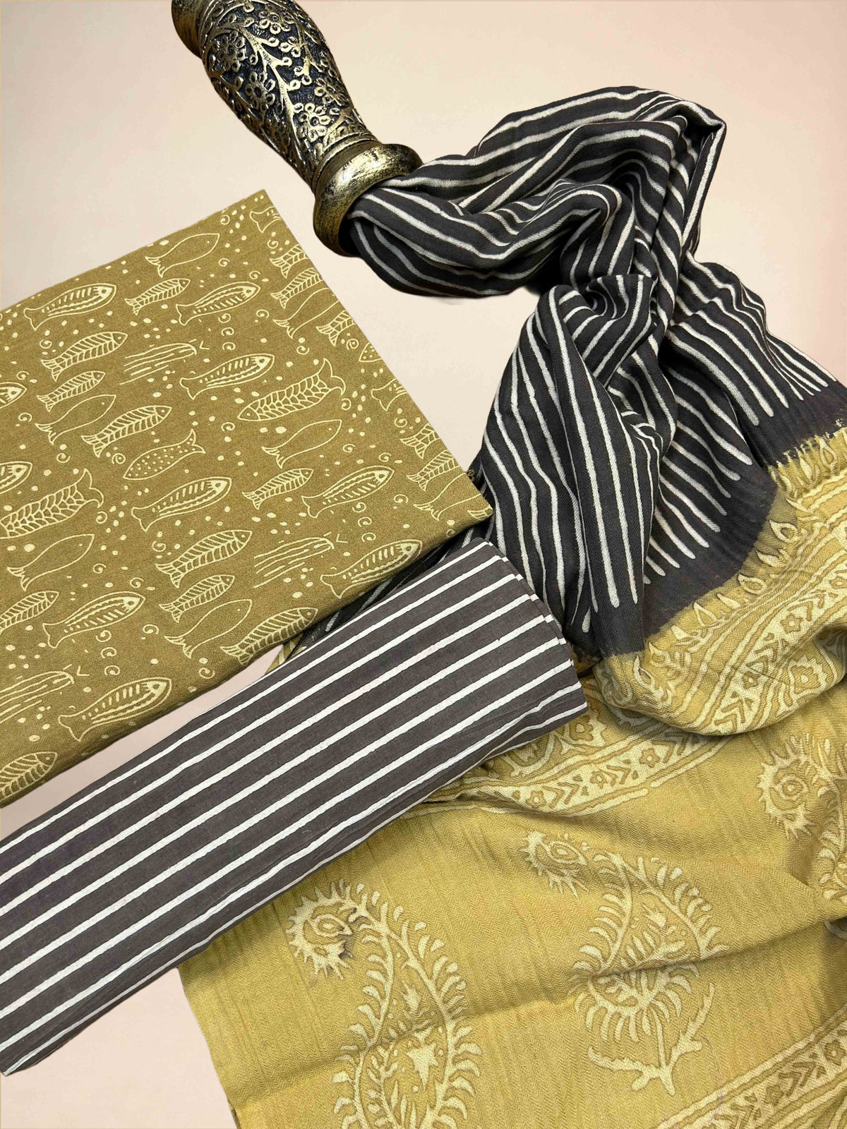 Multicolor Pasmina Handblock Printed Cotton Suit Set | Mustard