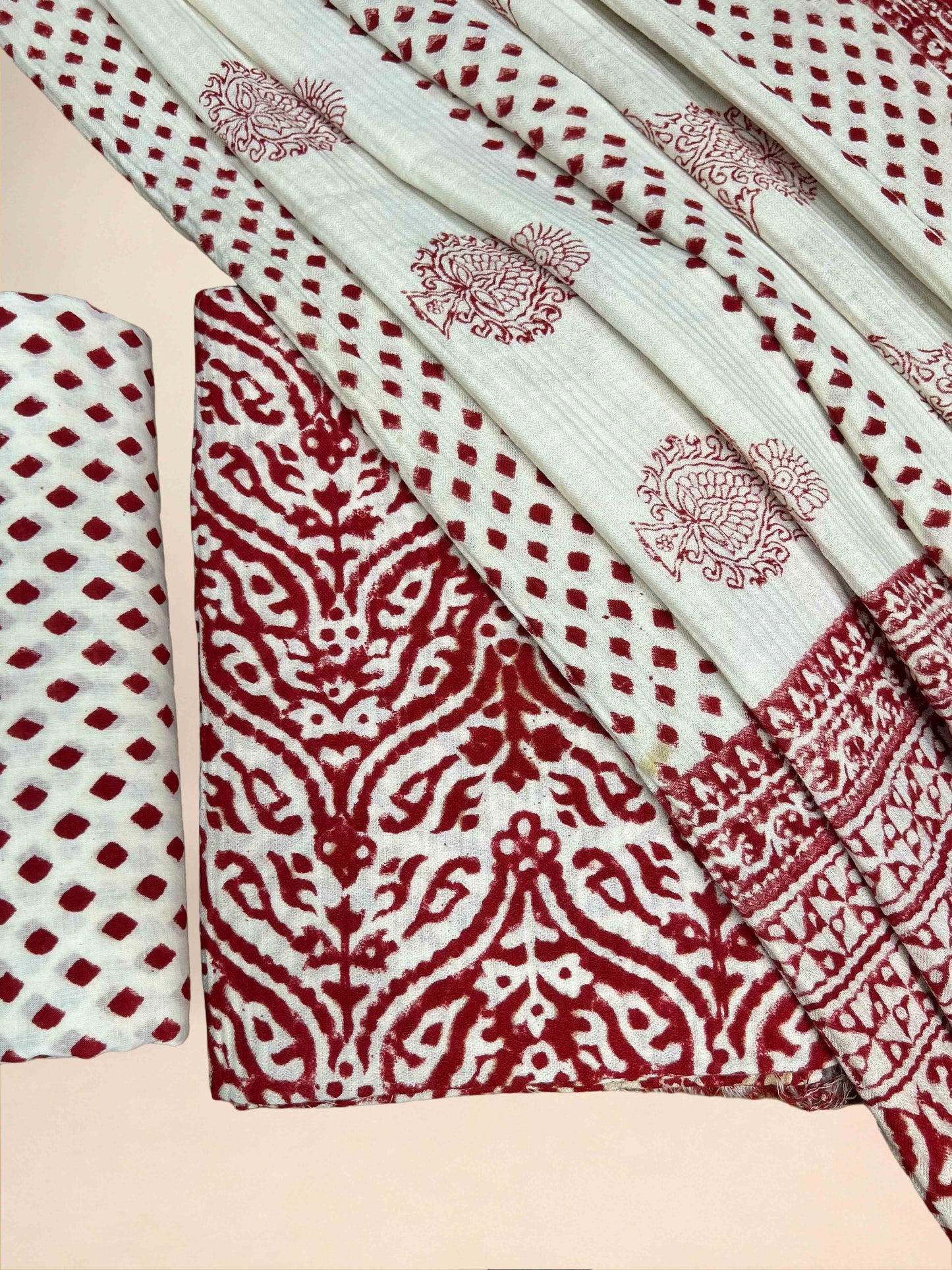 Red Pashmina Handblock Printed Cotton Suit Set