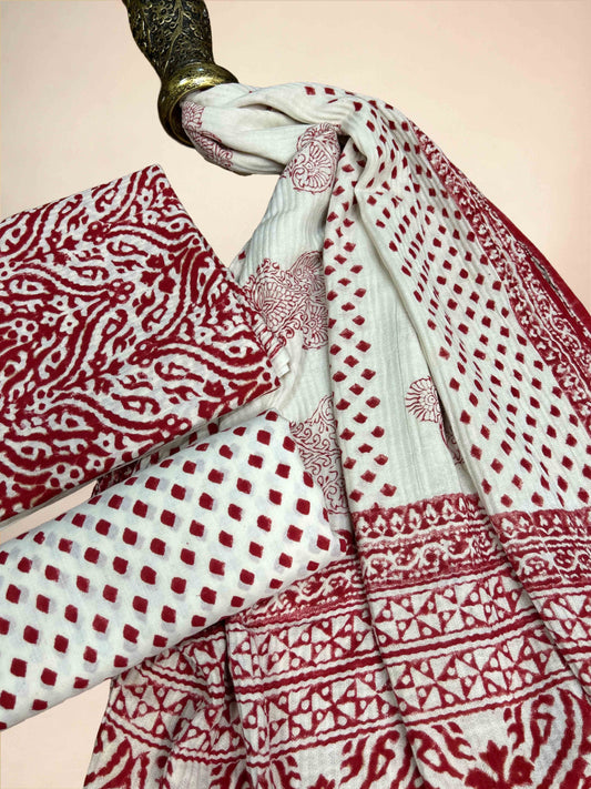Red Pashmina Handblock Printed Cotton Suit Set