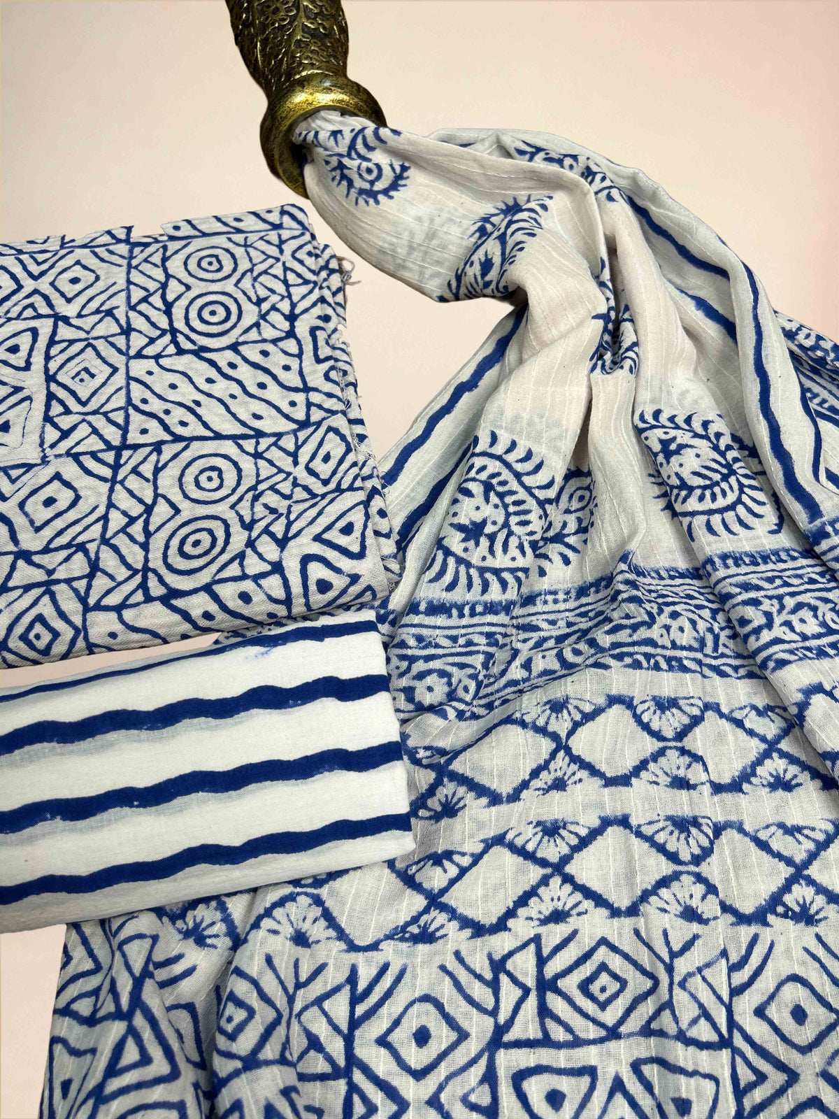 Blue Pashmina Handblock Printed Cotton Suit Set