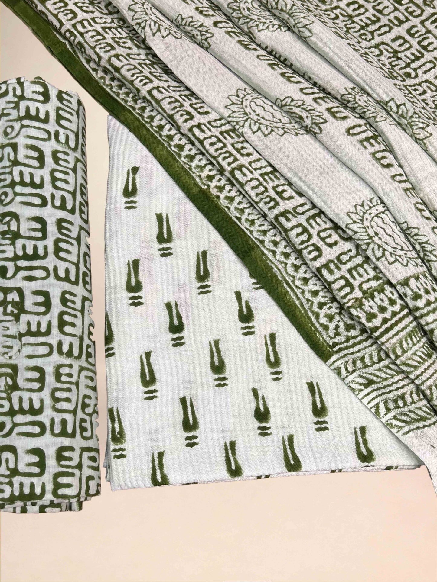 Emerald Green Pashmina Handblock Printed Cotton Suit Set