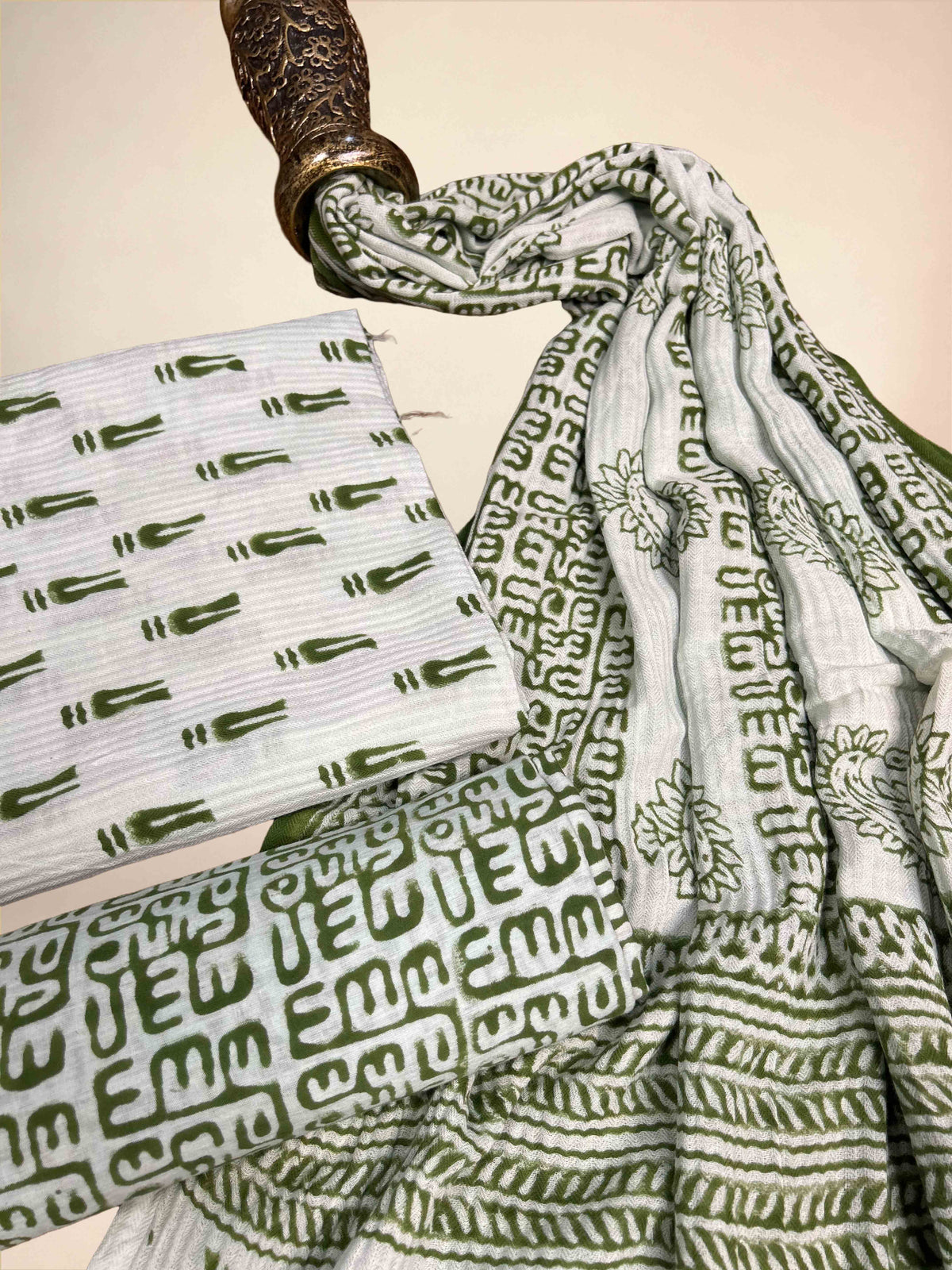 Emerald Green Pashmina Handblock Printed Cotton Suit Set