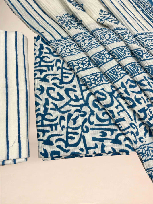 Blue Pashmina Handblock Printed Cotton Suit Set