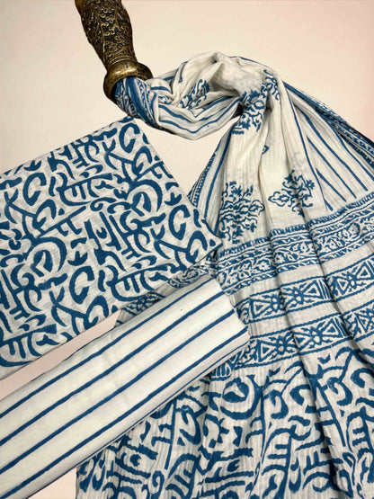 Blue Pashmina Handblock Printed Cotton Suit Set