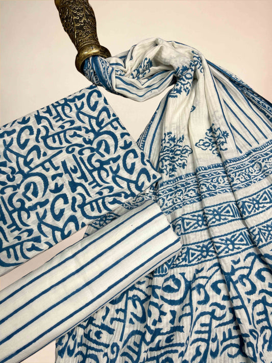 Blue Pashmina Handblock Printed Cotton Suit Set