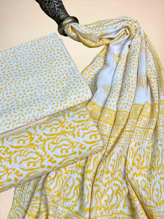 Yellow Pashmina Handblock Printed Cotton Suit Set