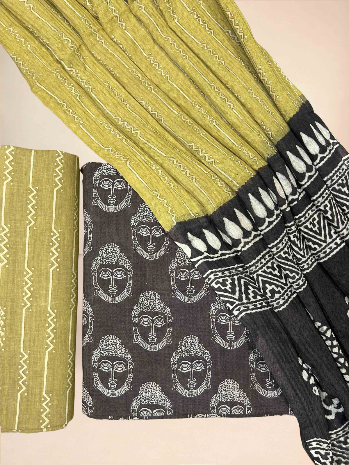 Multicolor Pasmina Handblock Printed Cotton Suit Set | Mustard