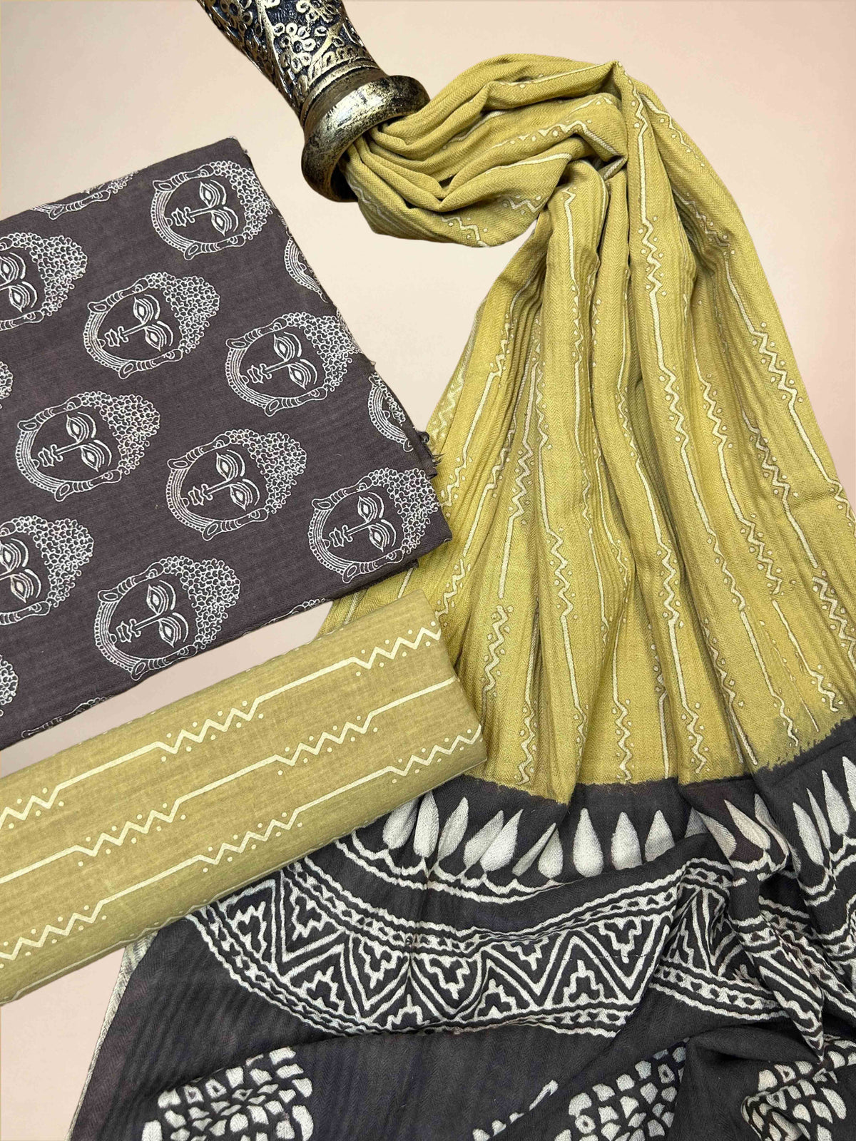 Multicolor Pasmina Handblock Printed Cotton Suit Set | Mustard