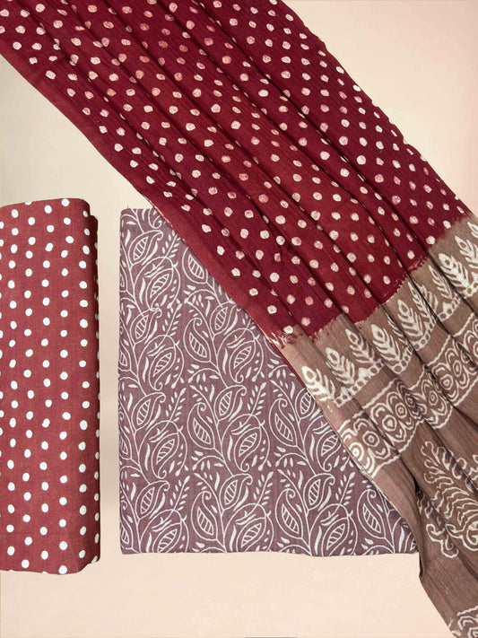 Multicolor Pasmina Handblock Printed Cotton Suit Set | Rustic Maoon