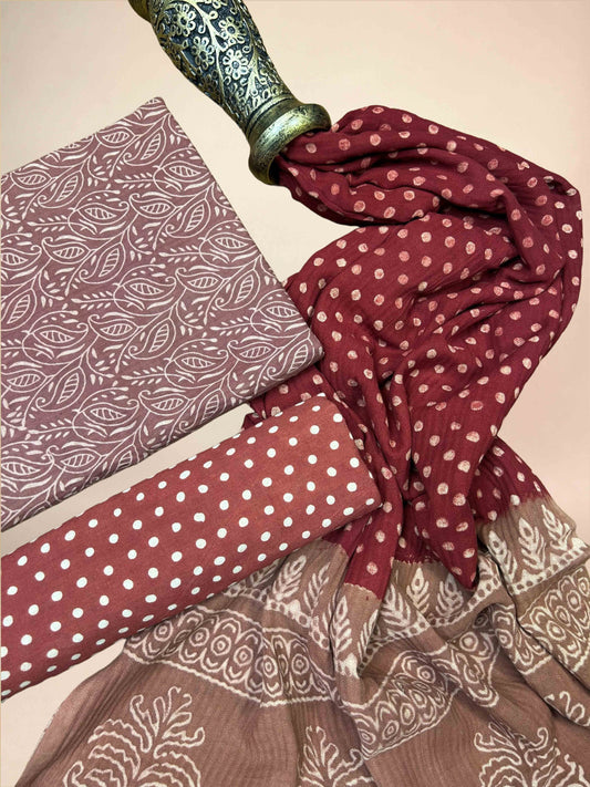 Multicolor Pasmina Handblock Printed Cotton Suit Set | Rustic Maoon