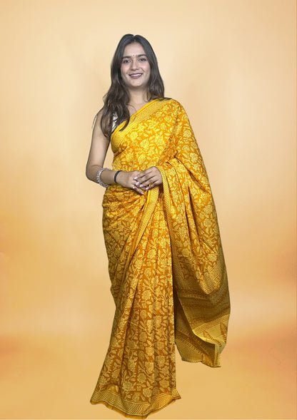Yellow Pastel Poetry Handblock Printed Cotton Saree