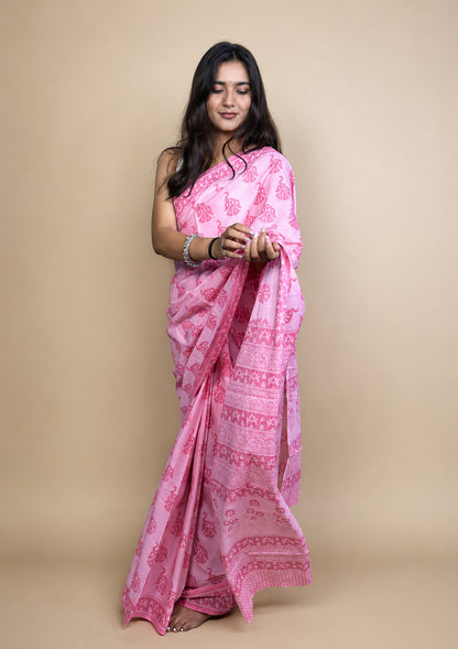 Pastel Poetry Handblock Printed Cotton Saree
