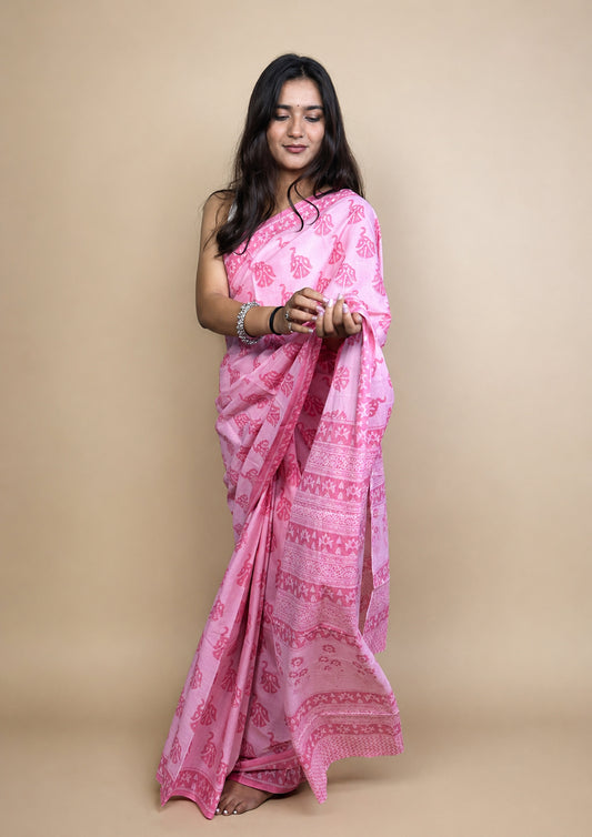 Pastel Poetry Handblock Printed Cotton Saree
