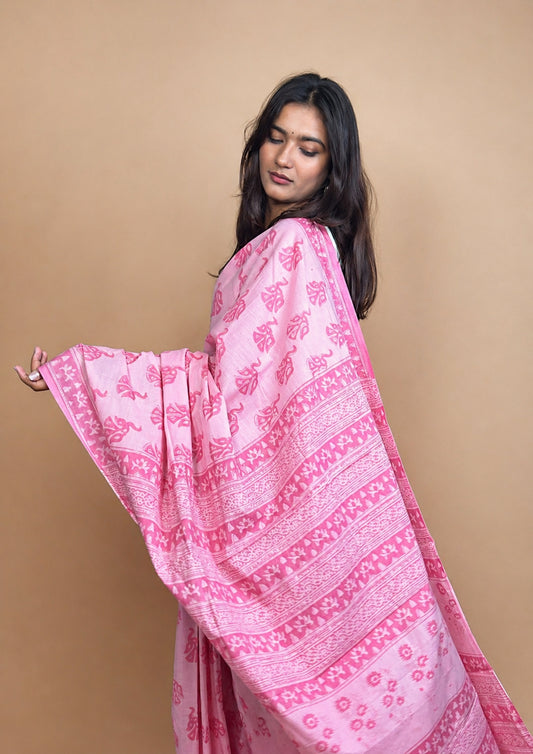 Pastel Poetry Handblock Printed Cotton Saree
