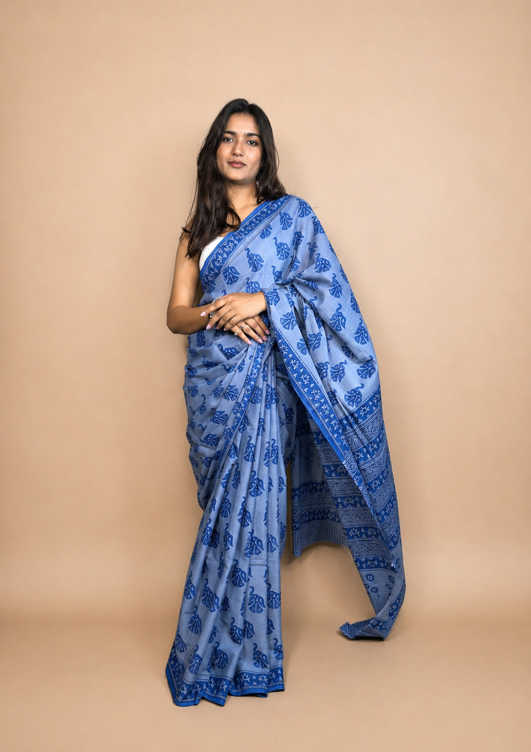 Pastel Poetry Handblock Printed Cotton Saree Blue
