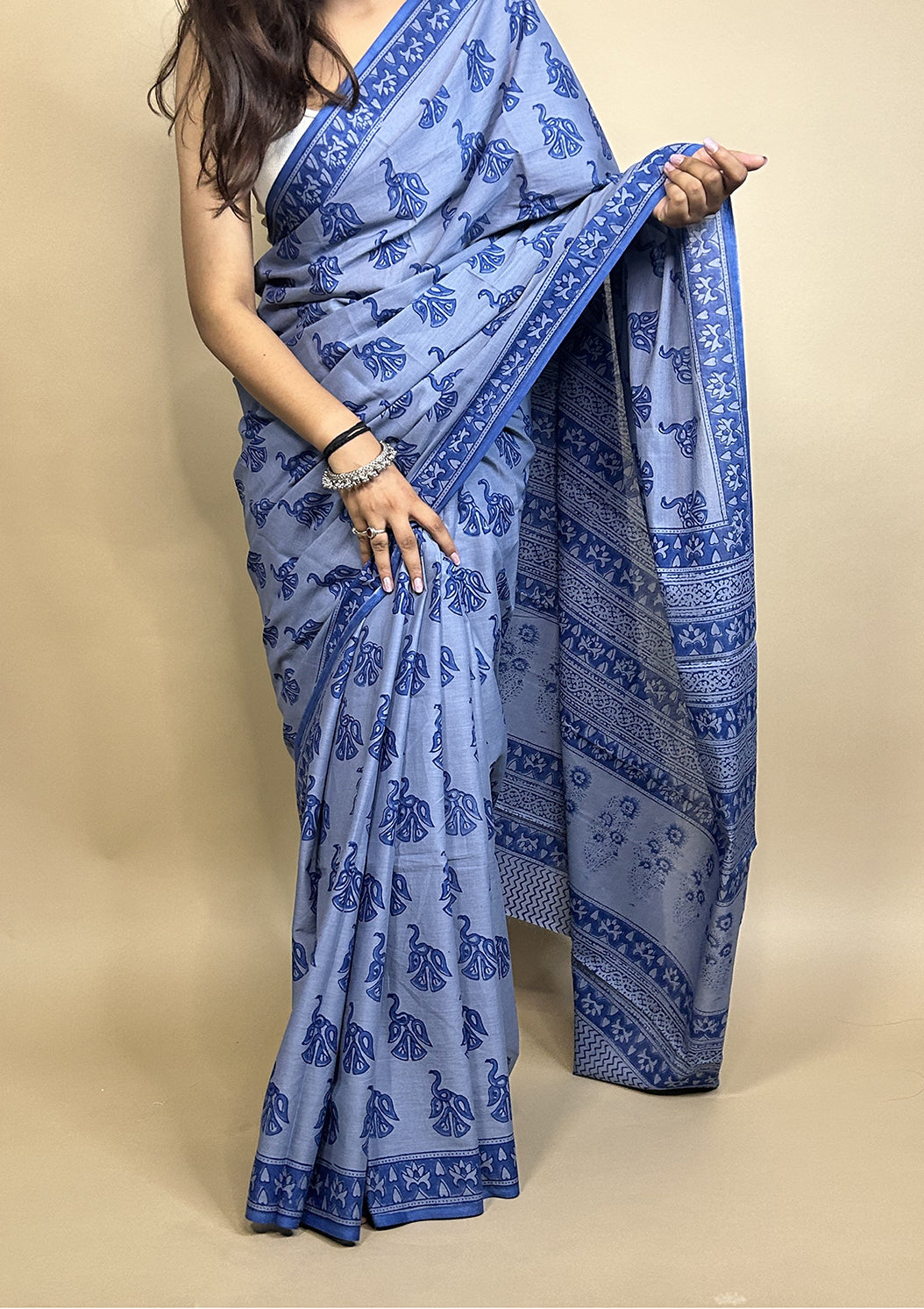 Pastel Poetry Handblock Printed Cotton Saree Blue