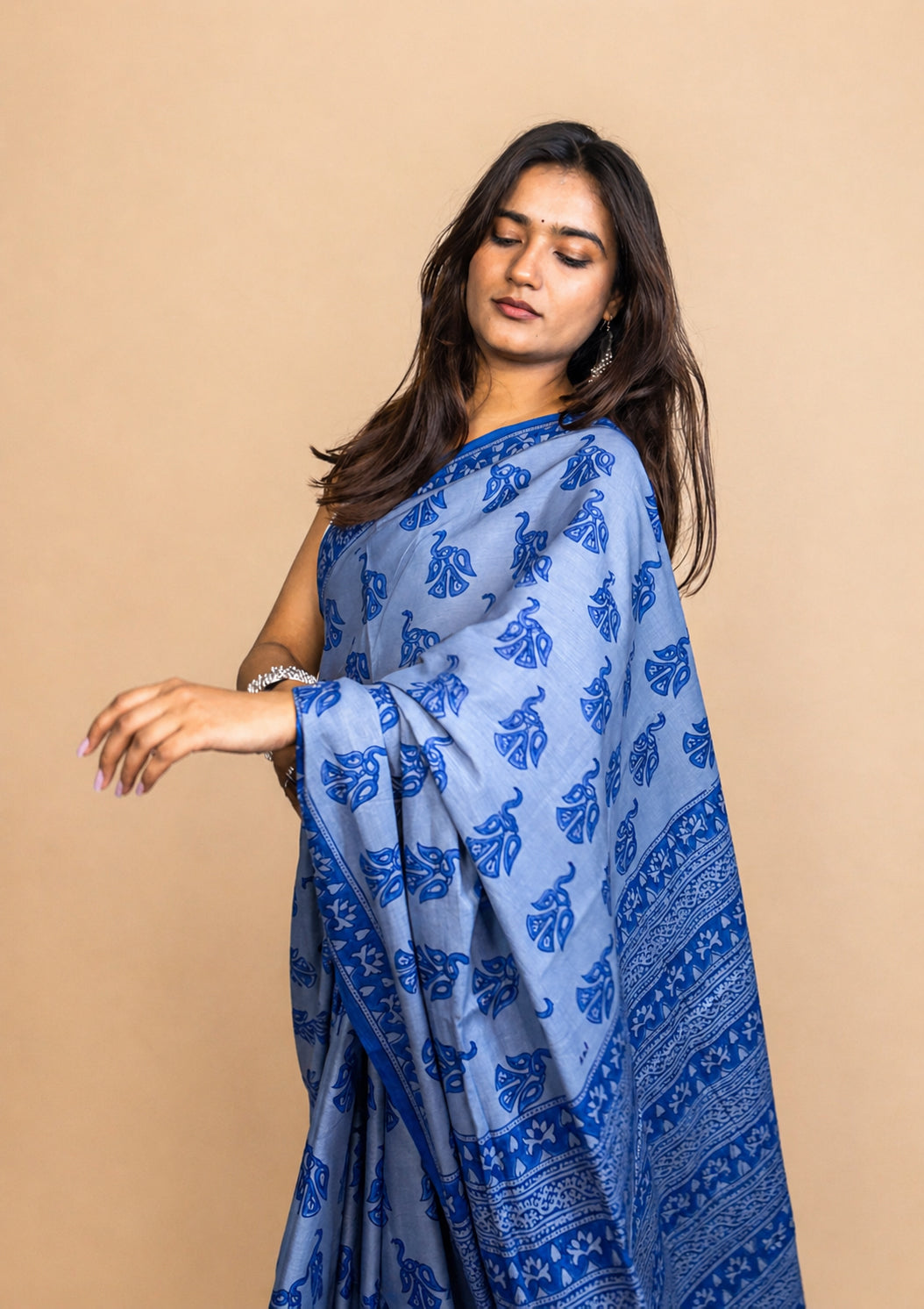 Pastel Poetry Handblock Printed Cotton Saree Blue