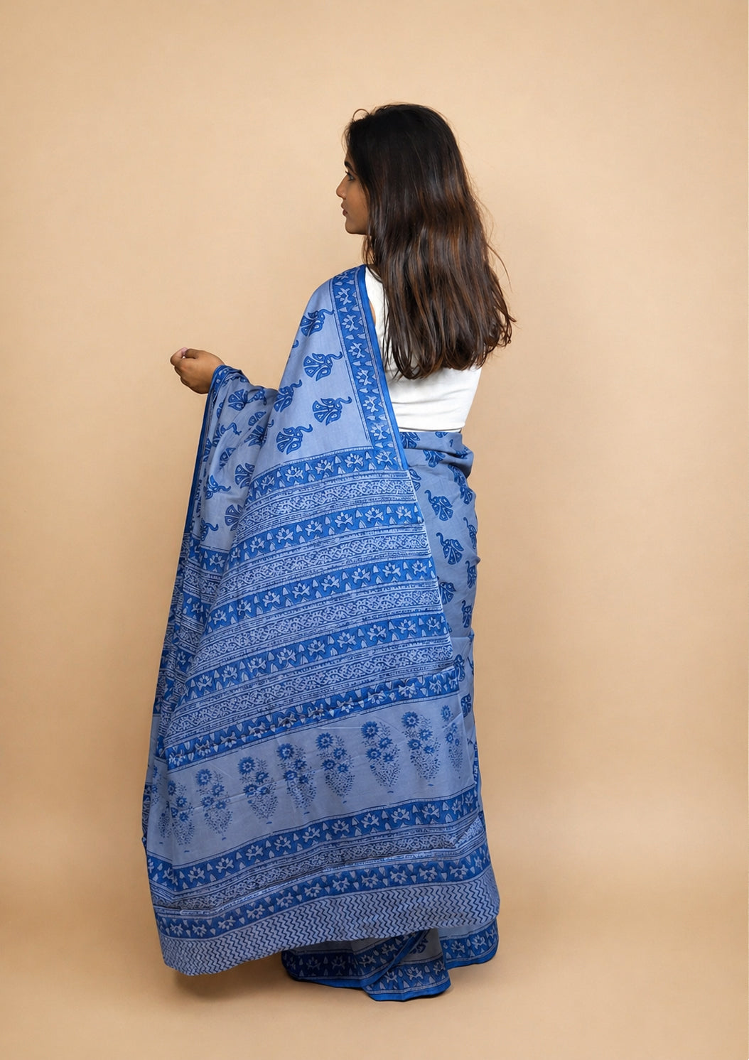 Pastel Poetry Handblock Printed Cotton Saree Blue