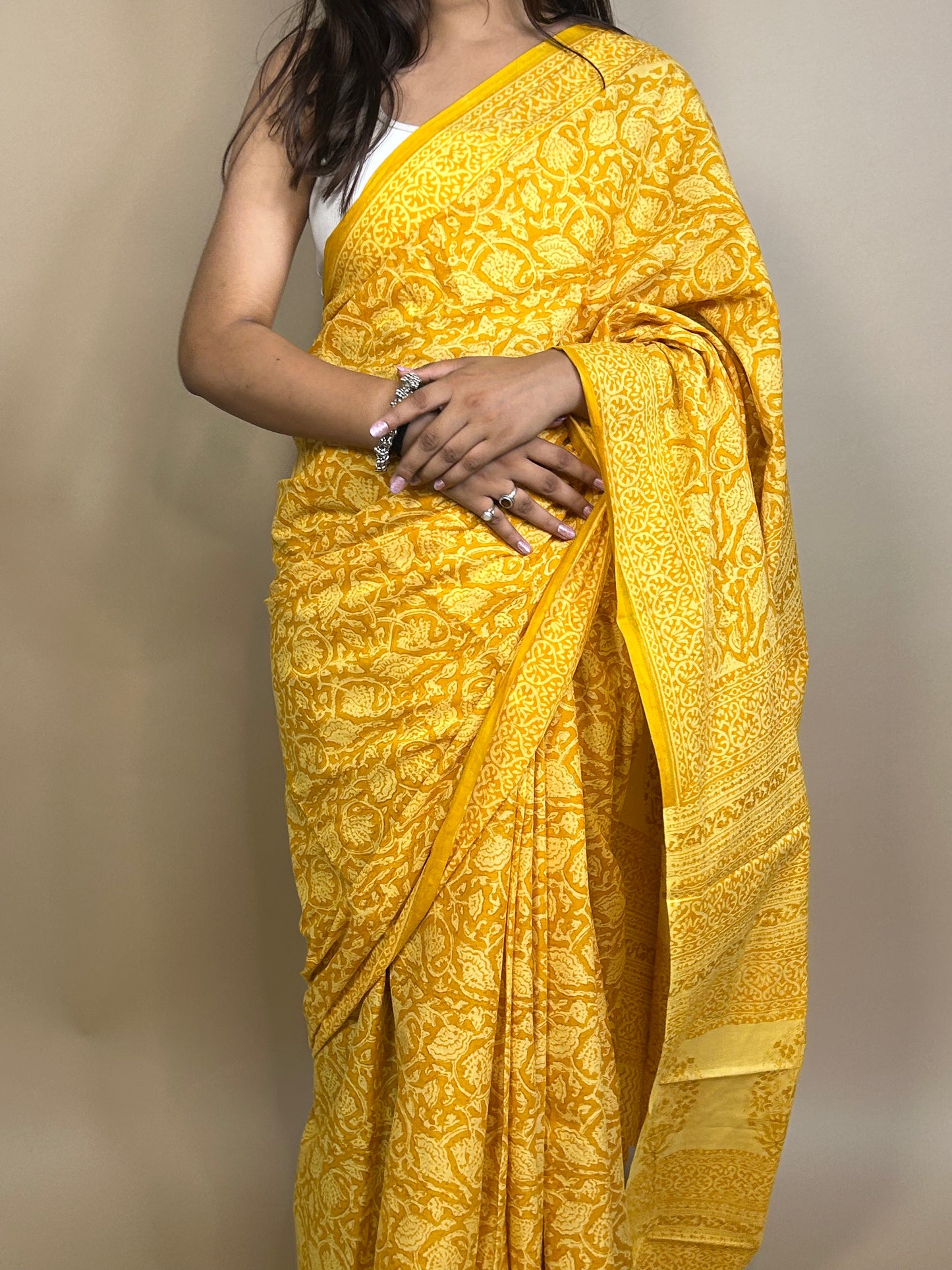 Pastel Poetry Yellow Handblock Printed Cotton Saree for Women with Traditional Floral Design