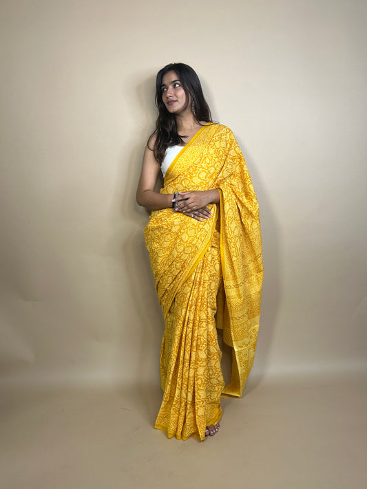 Pastel Poetry Yellow Handblock Printed Cotton Saree for Women with Traditional Floral Design